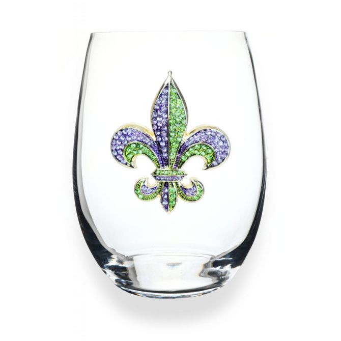 The Queens' Jewels Purple and Green Fleur de Lis Stemless Wineglass