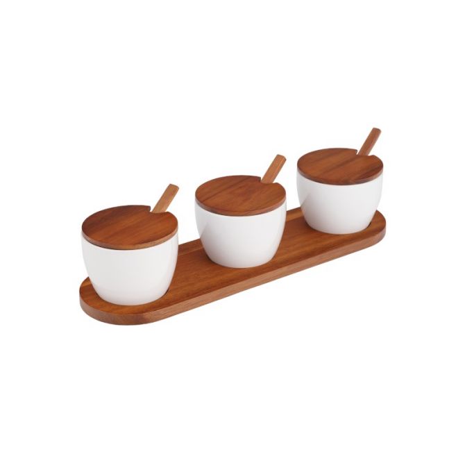 Nambe Duets Triple Condiment Server with Lids and Spoons