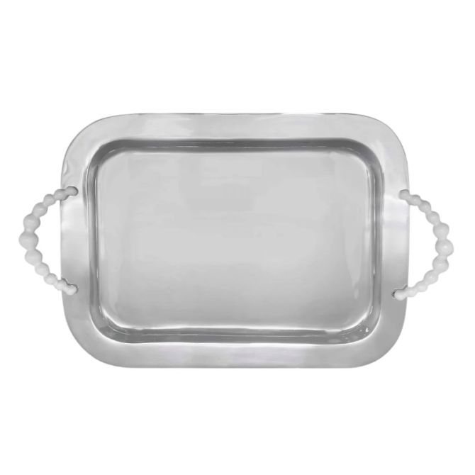 Mariposa Pearled Rectangular Handled Tray, White Handles