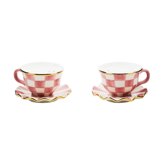 MacKenzie-Childs Rosy Check Teacup Salt and Pepper Set