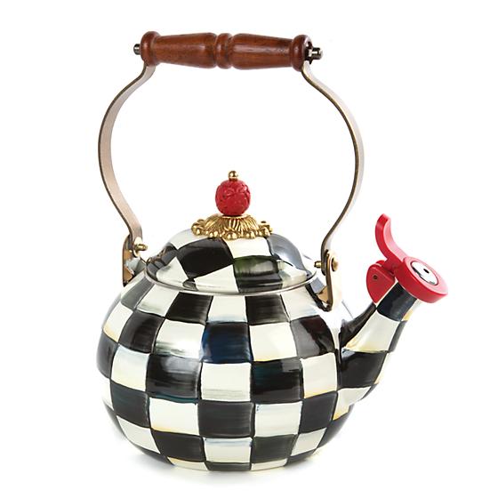 Iconic Black & White Courtly Check Enamel Tea Kettle with Bird