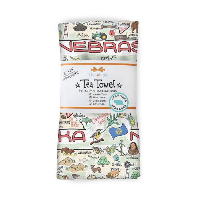 Fish Kiss Nebraska Map Tea Towel