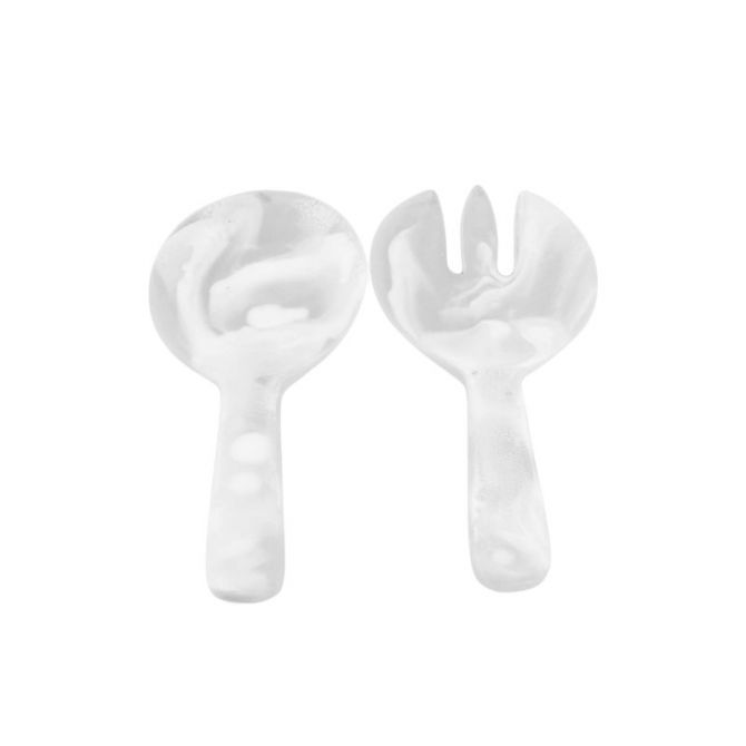 Nashi Resin Short Handle Salad Servers, White Swirl