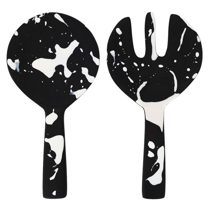 Nashi Short Handle 2 Piece Salad Servers, Black with White Splatter