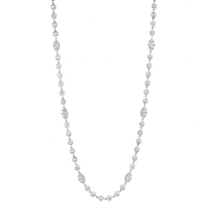 Bezel Set Diamond & Cluster Station Necklace in White Gold, 16"