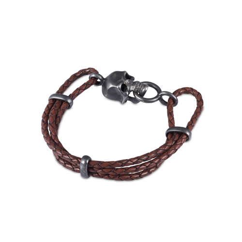 Deakin & Francis Brown Leather & Black Rhodium Skull Bracelet