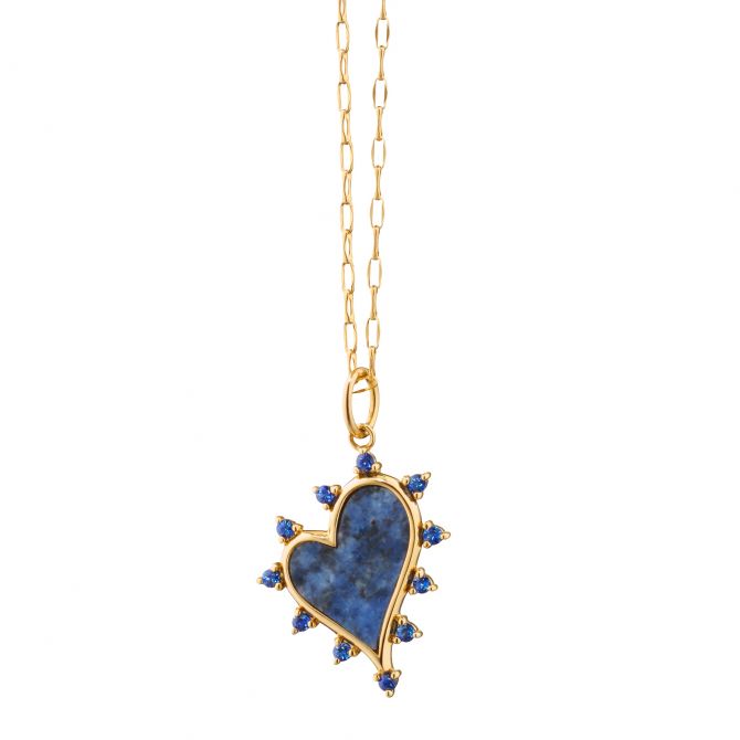 Monica Rich Kosann Sodalite Heart Necklace with Blue Sapphires in 18K Yellow Gold, 17"