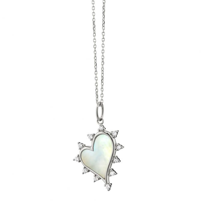 Monica Rich Kosann Mother of Pearl Heart Necklace in Sterling Silver with White Sapphires, 18"