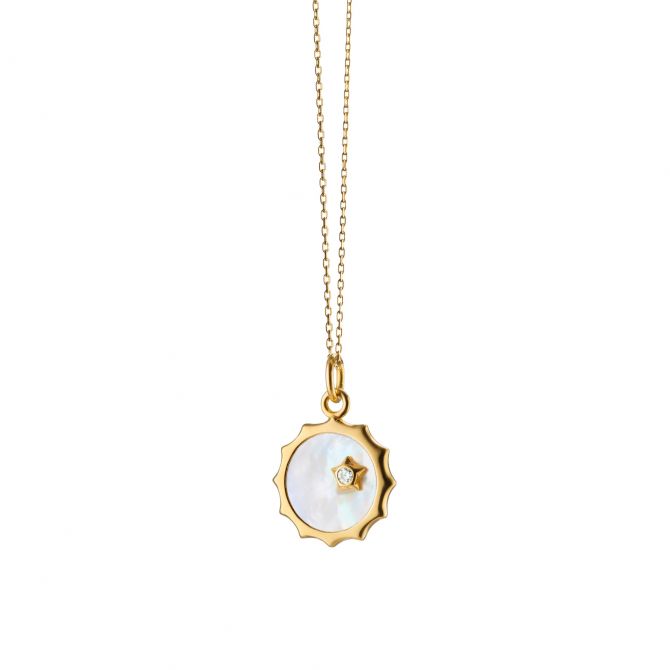 Monica Rich Kosann Mother of Pearl "Happiness" Sun and Star Cham Necklace in Yellow Gold, 17"