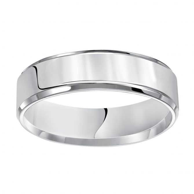 White Gold Flat 7 mm Wedding Band with Beveled Edge, Size 8