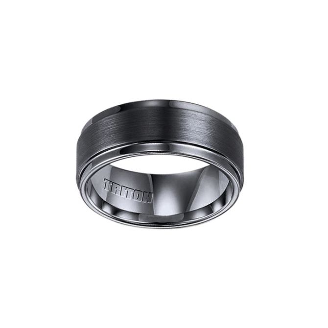 Black Tungsten Satin Finish Wedding Band With Step Edge, Size 10