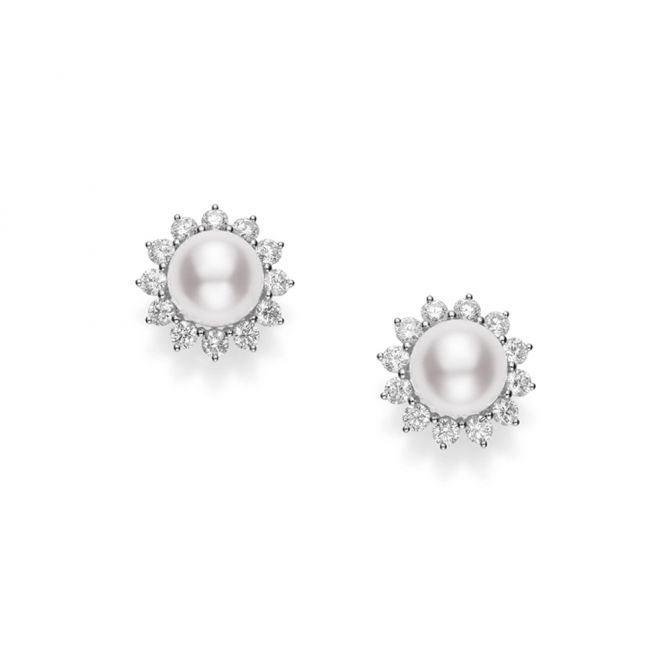 Mikimoto Akoya Cultured Pearl & Diamond Floral Halo Stud Earrings in White Gold, 8.5 mm