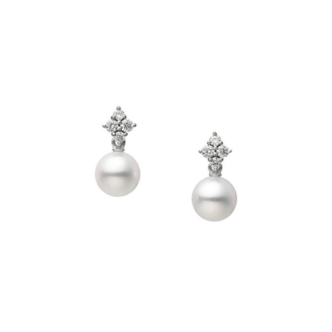 Mikimoto Akoya Cultured Pearl & Diamond Quartet Drop Earrings in White Gold