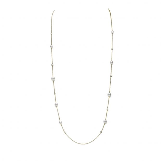 Mikimoto Akoya Cultured Pearl & Diamond Station Necklace in Yellow Gold, 31"