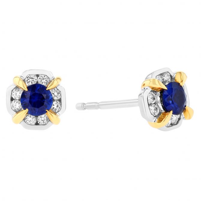 Sapphire & Diamond Petite Clover Stud Earrings in Two Tone