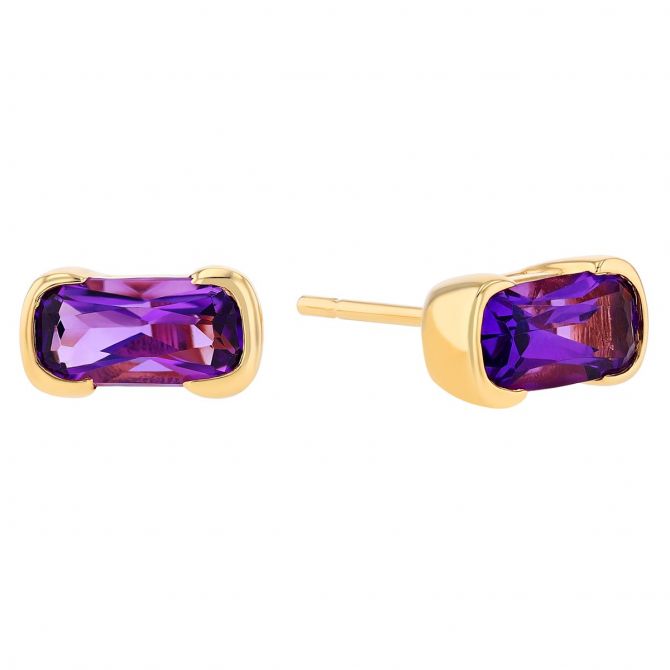 Cushion Cut Amethyst Half Bezel Stud Earrings in Yellow Gold