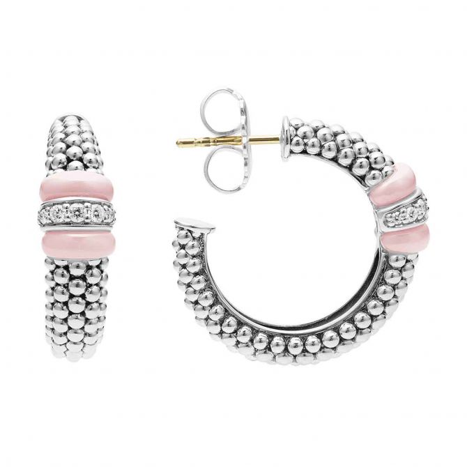 LAGOS Caviar Sterling Silver & Pink Ceramic Hoop Earrings with Diamond Accents