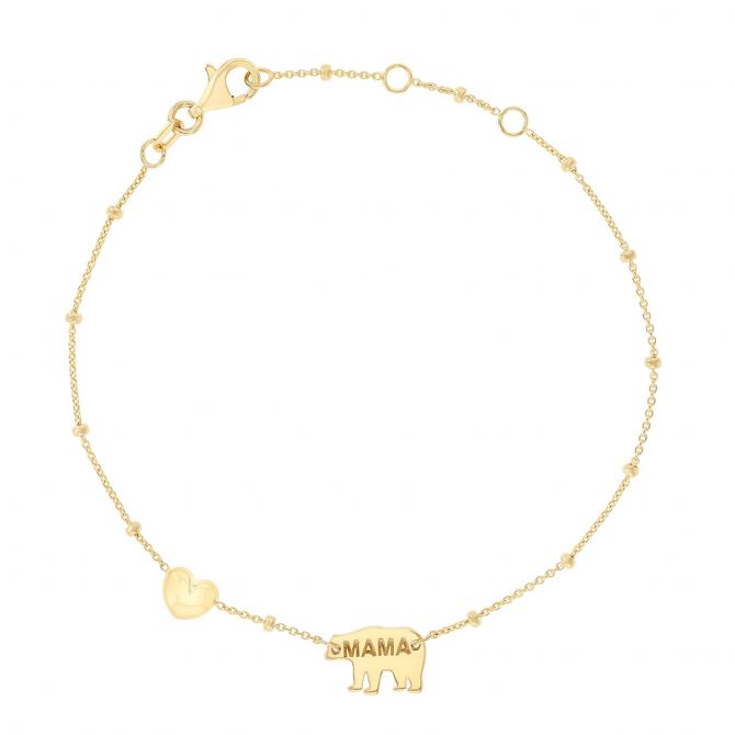 Yellow Gold "Mama" Bear & Heart Bracelet, 7.25"