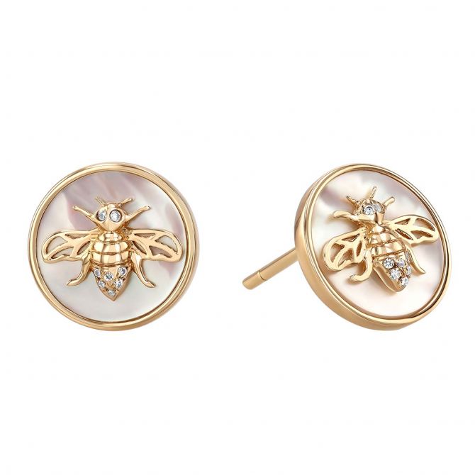 Frederic Sage Mother of Pearl & Diamond Bee Stud Earrings in Yellow Gold