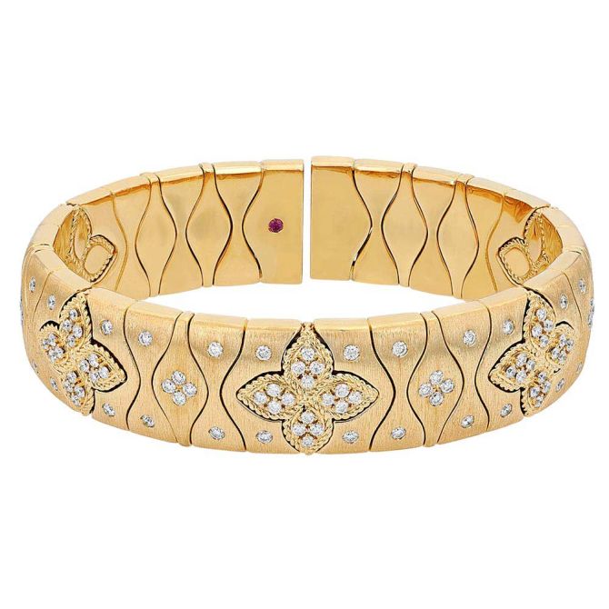 Roberto Coin Royal Princess Flower Diamond Satin Medium Cuff Bracelet in Yellow Gold