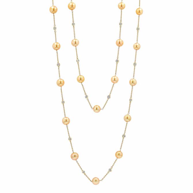 TARA Pearls Golden South Sea Cultured Pearl & Diamond Station Necklace in White Gold, 41.5"