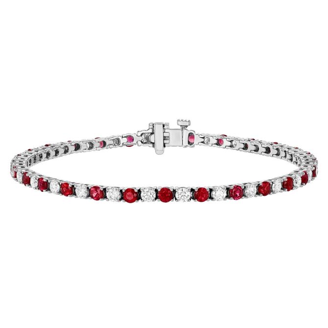 Ruby & Diamond Alternating Tennis Bracelet in White Gold, 7", 5.22 tw