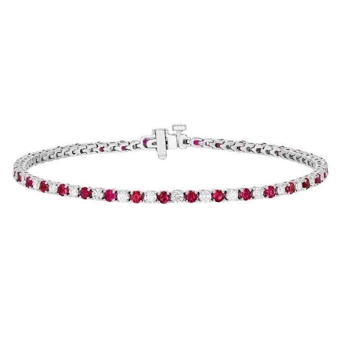 Ruby & Diamond Alternating Tennis Bracelet in White Gold, 7", 3.45 tw