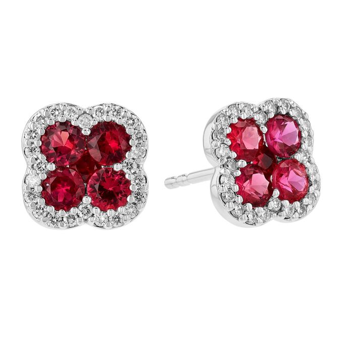 Ruby & Diamond Halo Clover Cluster Stud Earrings in White Gold