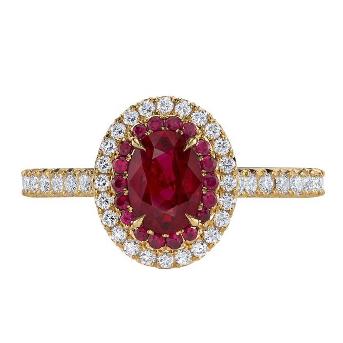 Omi Prive Oval Ruby & Diamond Halo Ring in Yellow Gold