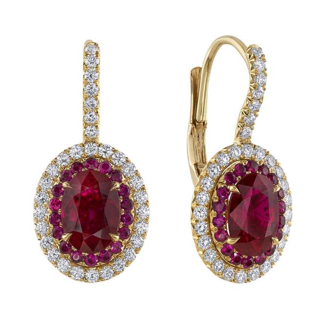 Omi Prive Oval Ruby & Diamond Halo Drop Earrings in Yellow Gold