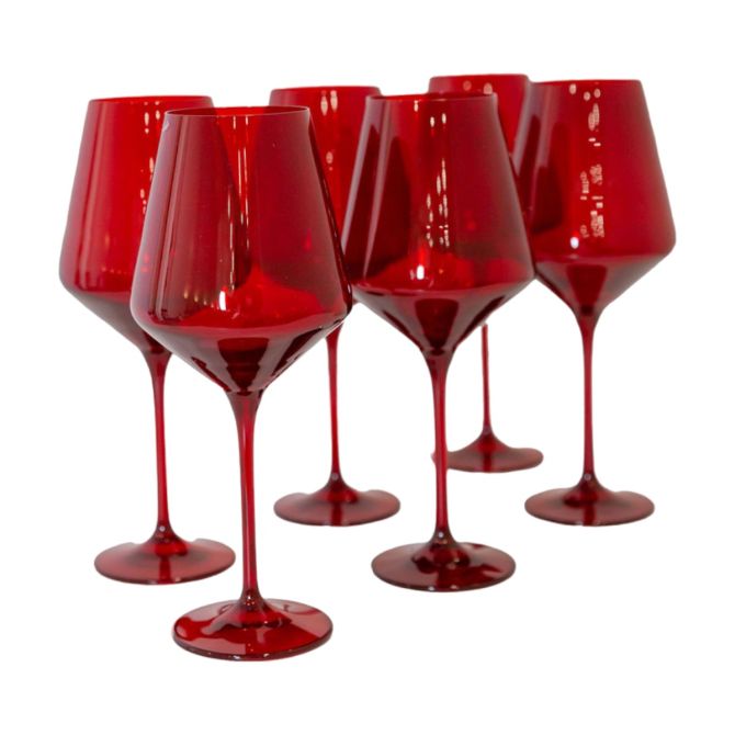 Red Colored Stemmed Wine Glasses, Set of 6