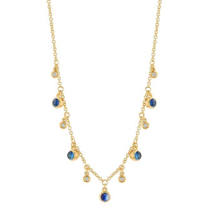 Marika Sapphire & Diamond Bezel Set Dangle Station Necklace in Yellow Gold, 17"