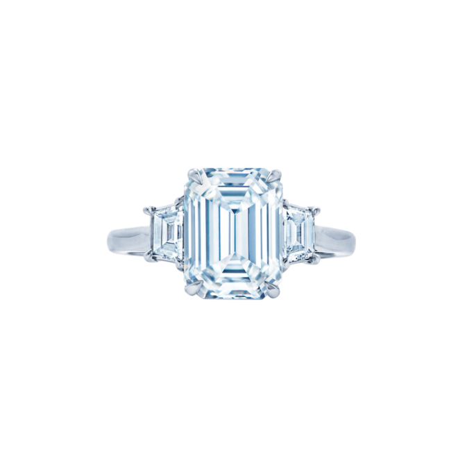 Emerald Cut & Trapezoid 3 Stone Engagement Ring in Platinum, 4.54 cttw