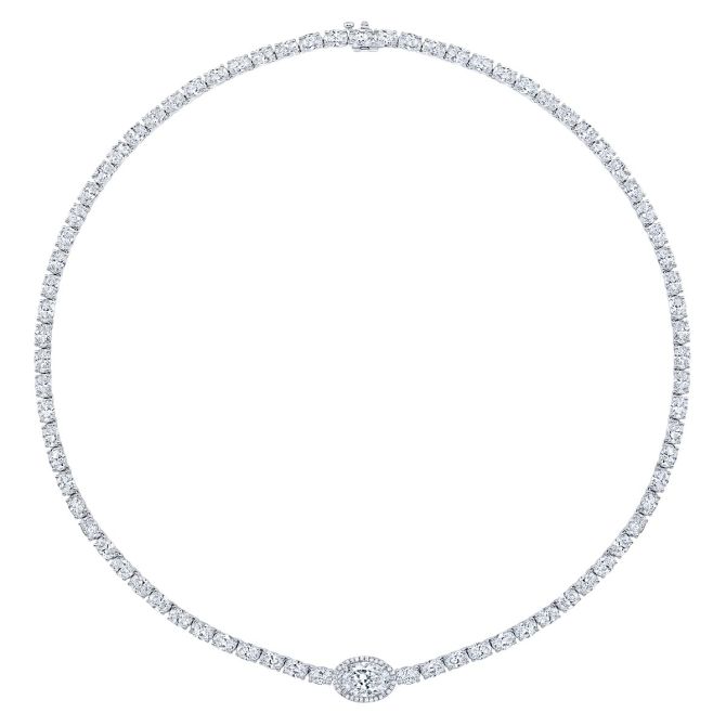 Rahaminov Oval Diamond & Halo Tennis Necklace in White Gold, 15.75", 17.15 cttw