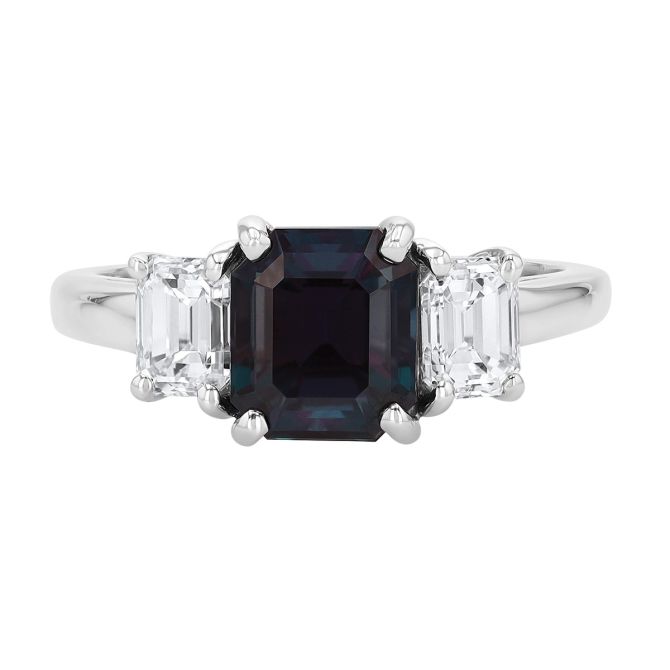 Oscar Heyman Emerald Cut Alexandrite & Diamond 3 Stone Ring in Platinum