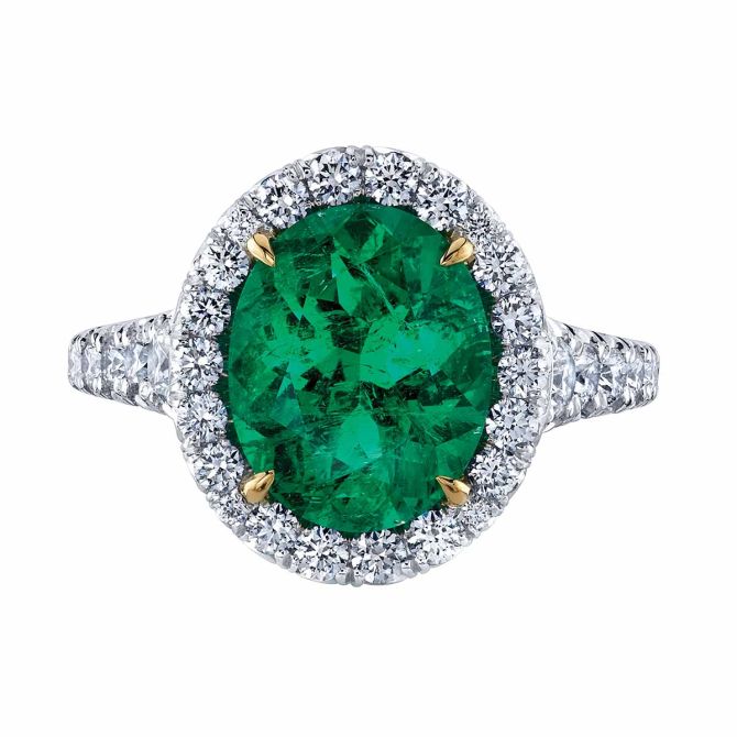 Omi Prive Oval Emerald & Diamond Ring in Platinum & Yellow Gold