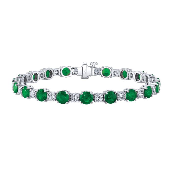 Omi Prive Round Emerald & Diamond Alternating Tennis Bracelet in Platinum, 6.5"