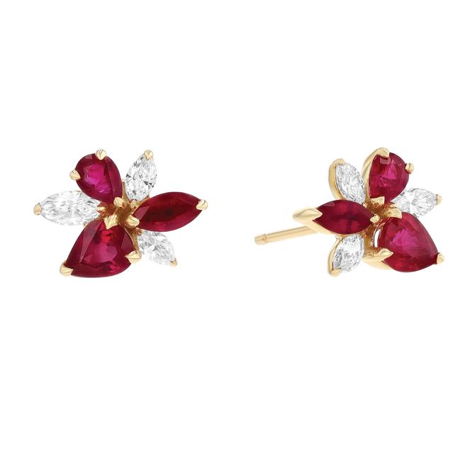 Multi-Shape Ruby & Marquise Diamond Floral Cluster Stud Earrings in White Gold