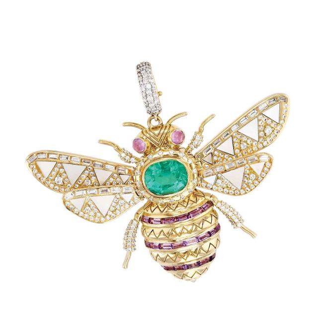 Harwell Godfrey Emerald, Amethyst & Diamond Articulated Queen Bee Charm in Yellow Gold