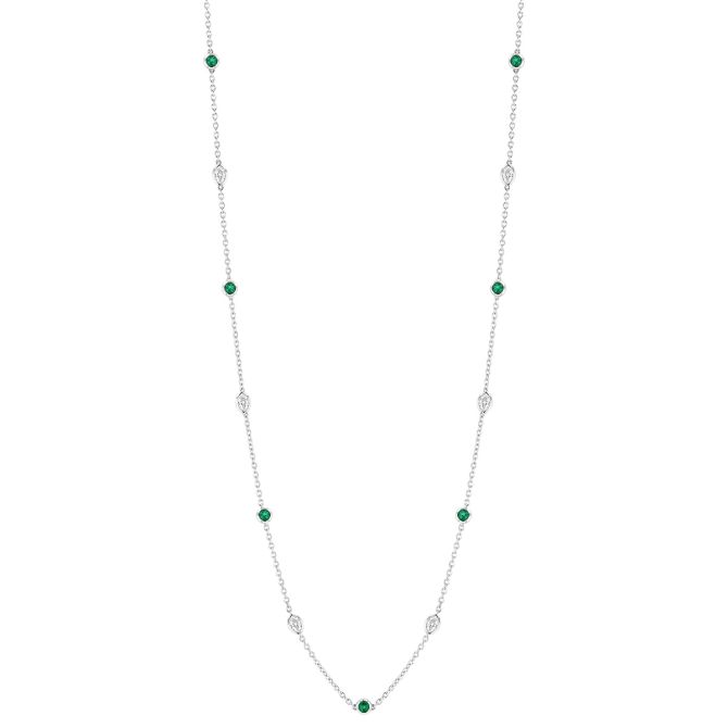 Round Emerald & Marquise Diamond Alternating Station Necklace in White Gold, 33"