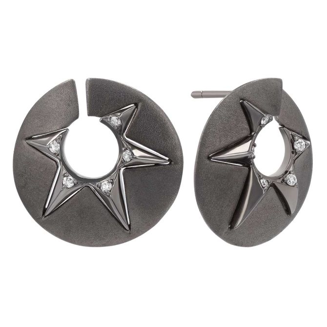 Black Rhodium & White Gold Open Star Disc Earrings with Diamonds