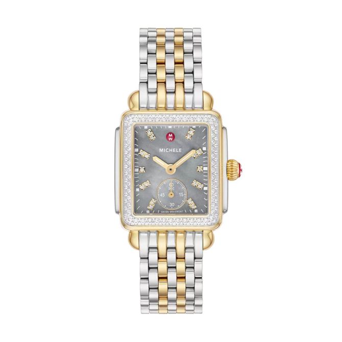 Michele Deco Mid Two Tone 18k Yellow Gold Plated Diamond Women's 31mm Watch, Grey Mother of Pearl