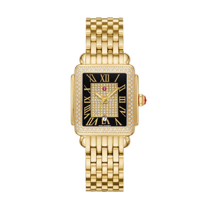 Michele Meggie 18K Gold-Plated Diamond 29mm Watch, Black Dial