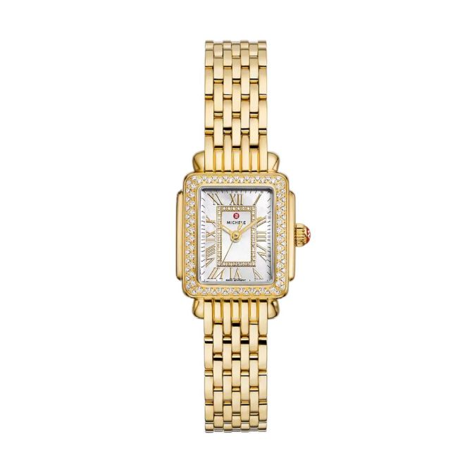 Michele Deco Madison Mini Diamond 18k Gold Plated 24mm Watch, White Mother of Pearl Dial