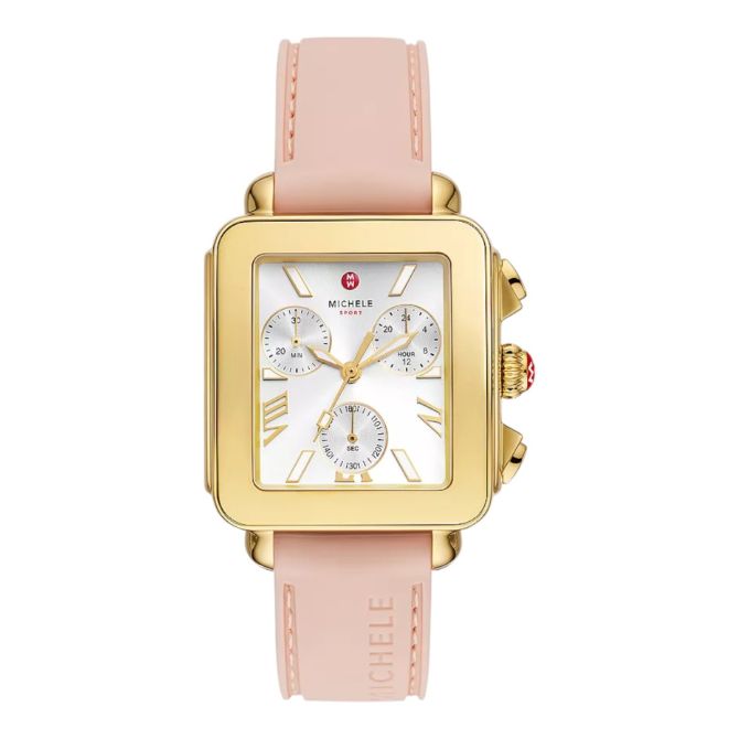 Michele Deco Sport Chronograph 18k Gold Plated Ballet Pink 36mm Watch, Silver Dial