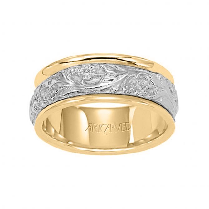 ArtCarved Two Tone Gold 8mm Patterned Wedding Band, Size 10