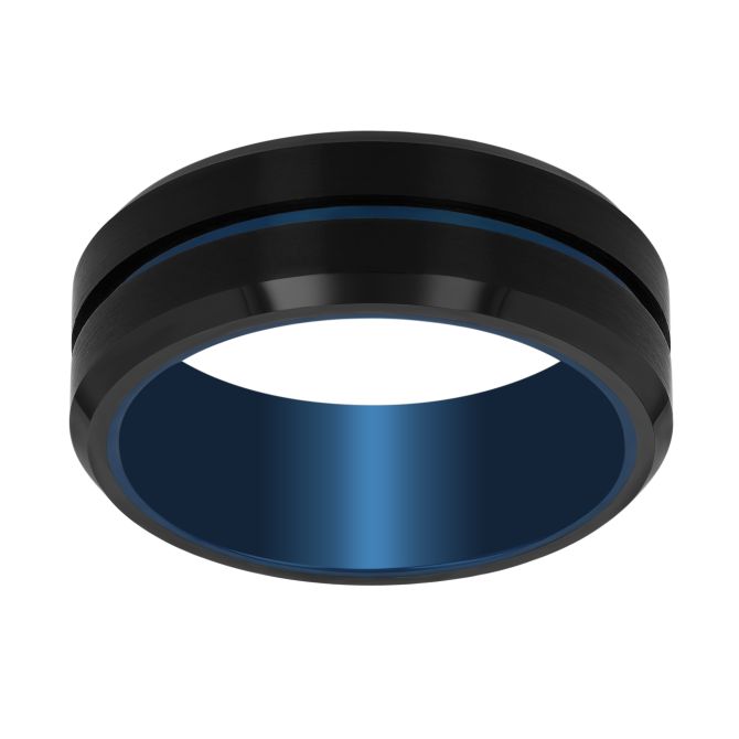 Black Tungsten & Blue PVD Striped Beveled Men's Wedding Band, Size 9.5