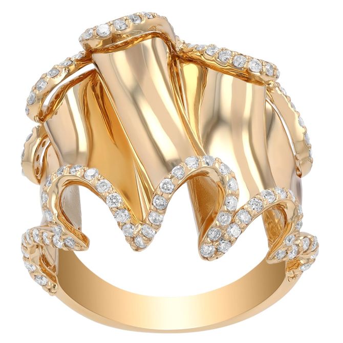 Yellow Gold Wavy Ripple Band Ring with Diamond Edges