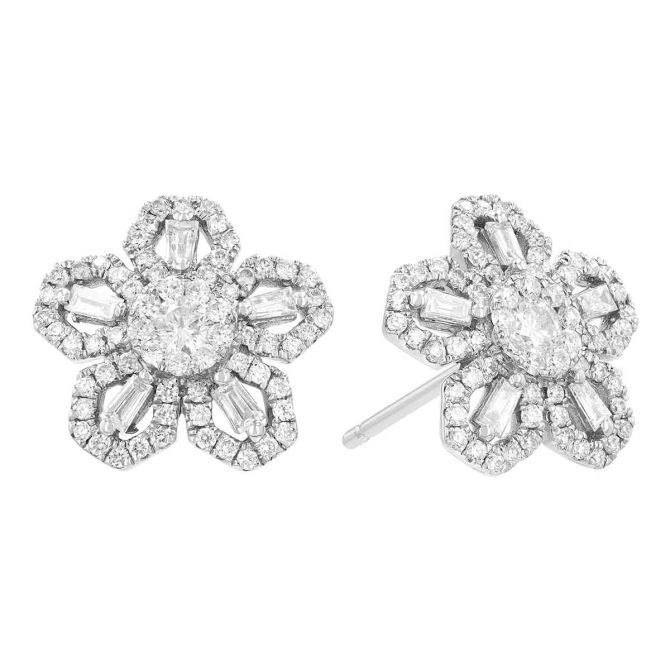 Baguette & Round Diamond Flower Stud Earrings in White Gold