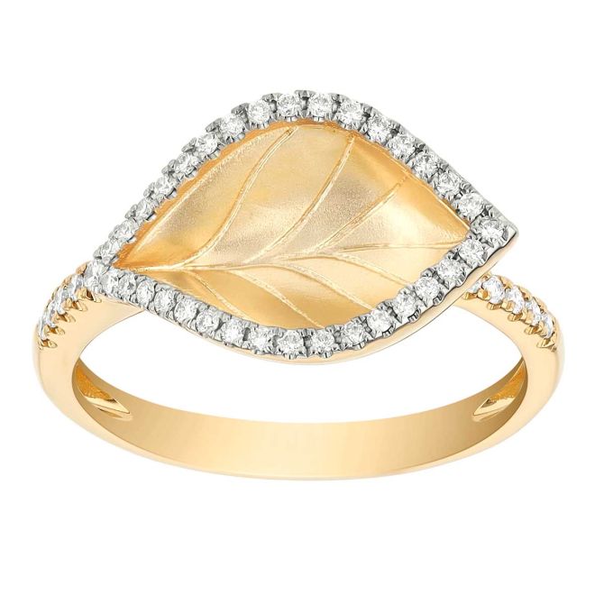 Yellow Gold Leaf Ring with Diamond Edges